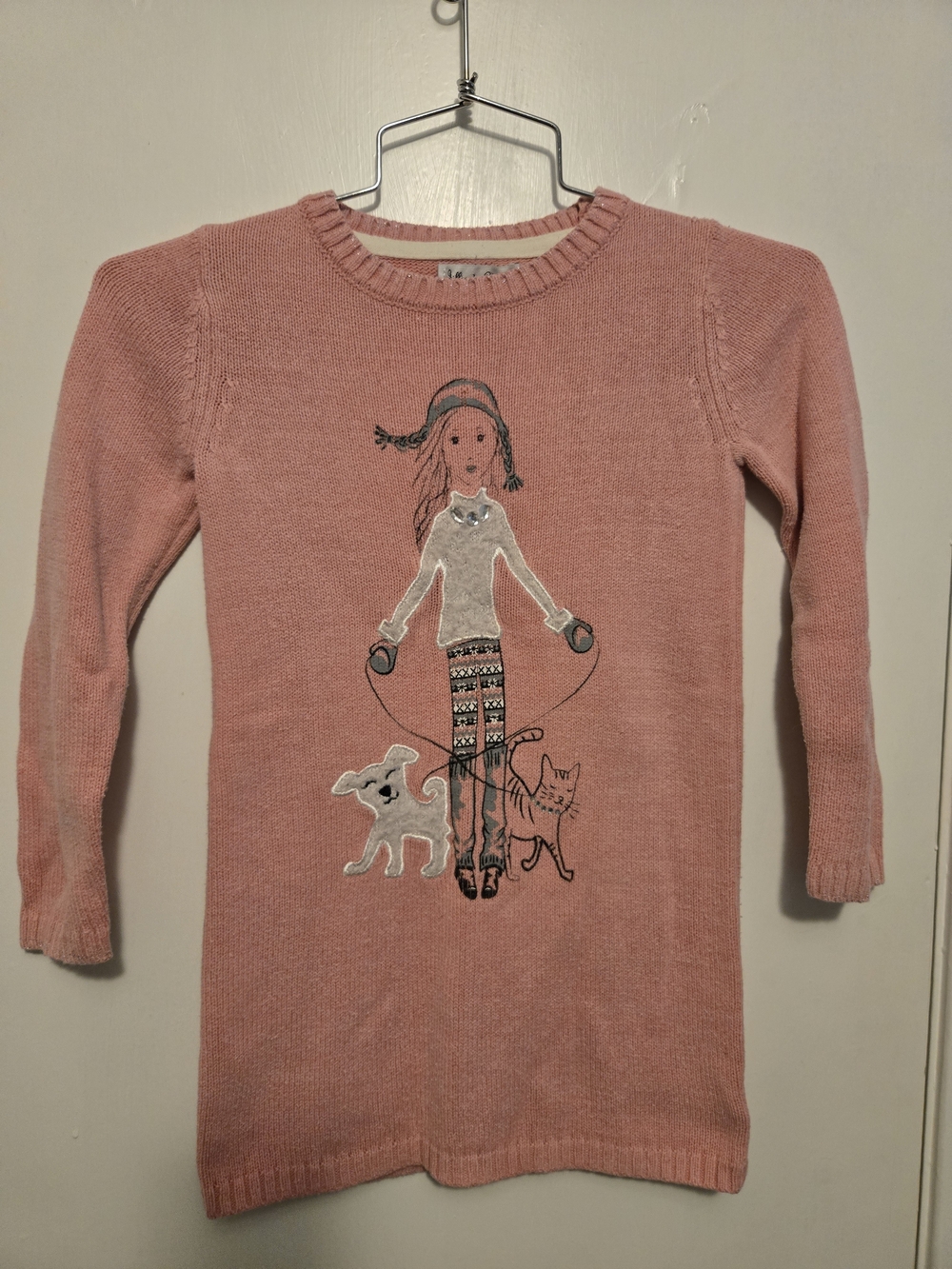 Jillian's Closet Pink Jump Rope Girl Dog Cat Knit Sweater Dress M 5-6